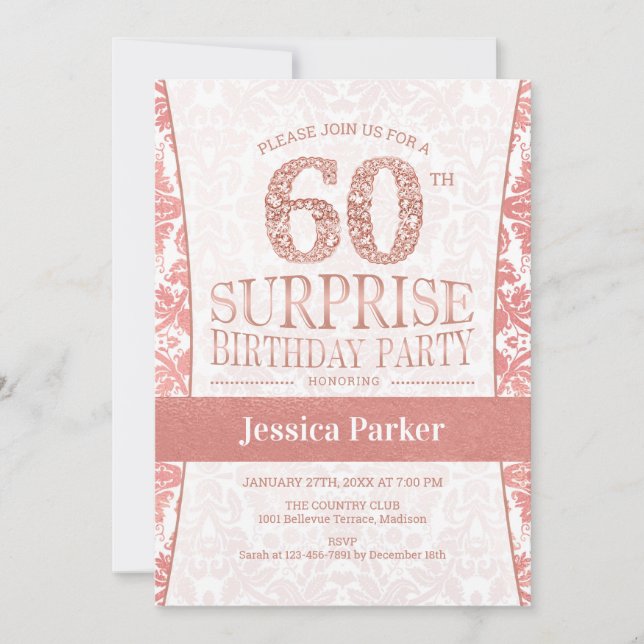 Invitación Surprise 60th Birthday Party - Rosa Gold White (Anverso)