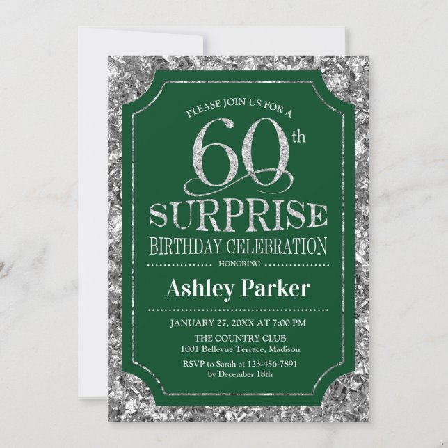 Invitación Surprise 60th Birthday Party - Silver Green (Anverso)