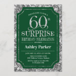 Invitación Surprise 60th Birthday Party - Silver Green<br><div class="desc">Invitación a la celebración de cumpleaños número 60. Elegante diseño de estilo elegante en verde oscuro de los bosques y falso patrón de plata purpurina. Presenta una fuente de script elegante. Mándame un mensaje si necesitas más personalización.</div>