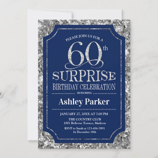 Invitación Surprise 60th Birthday Party - Silver Navy Blue (Anverso)