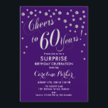 Invitación Surprise 60th Birthday Party - Silver Purple<br><div class="desc">Sorpresa 60th Birthday Party Invitation Elegante diseño con finas plata purpurina y morado. Presenta el tipo de letra del guión y el perfil. ¡Salud a 60 años! Mándame un mensaje si necesitas una edad personalizado.</div>