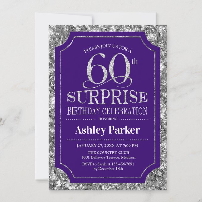 Invitación Surprise 60th Birthday Party - Silver Purple (Anverso)
