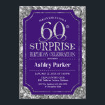 Invitación Surprise 60th Birthday Party - Silver Purple<br><div class="desc">Invitación a la celebración de cumpleaños número 60 de una sorpresa rústica. Elegante diseño elegante con un diseño de color púrpura real y falso purpurina plateado. Presenta una fuente de script elegante. Mándame un mensaje si necesitas más personalización.</div>