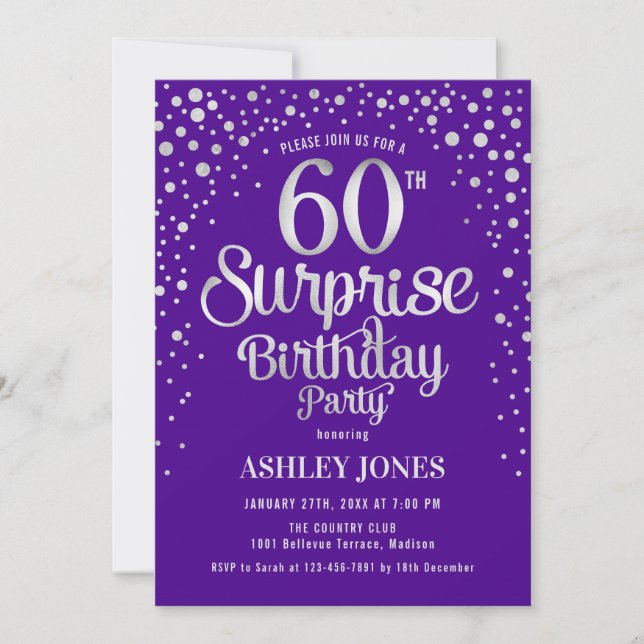 Invitación Surprise 60th Birthday Party - Silver & Purple (Anverso)