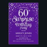 Invitación Surprise 60th Birthday Party - Silver & Purple<br><div class="desc">Sorpresa 650ª Invitación a la fiesta de cumpleaños. Elegante diseño en púrpura real y purpurina de plata falsa. Presenta un diseño elegante de tipo de letra y letra de guión. Mándame un mensaje si necesitas edad personalizado.</div>