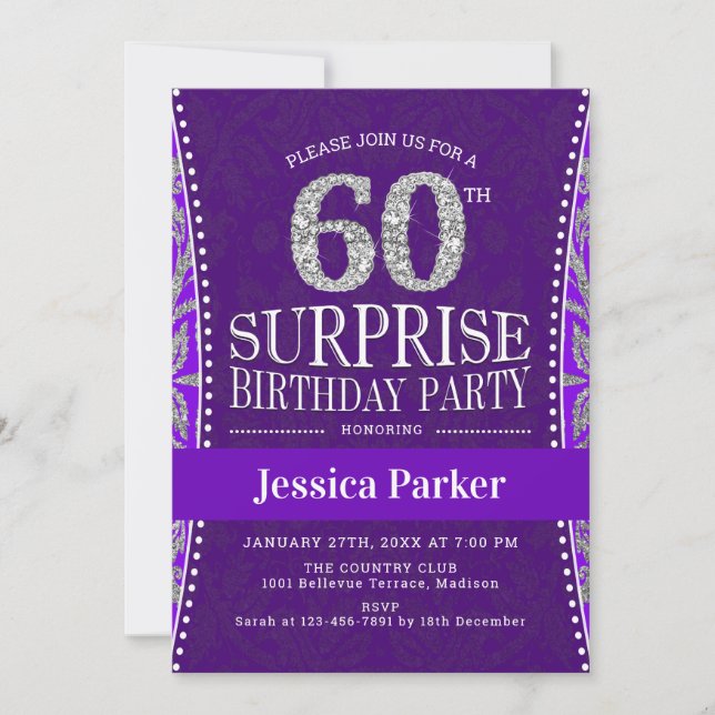 Invitación Surprise 60th Birthday Party - Silver Purple (Anverso)