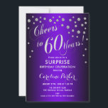 Invitación Surprise 60th Birthday Party - Silver Purple<br><div class="desc">Sorpresa 60th Birthday Party Invitation Elegante diseño con finas plata purpurina y morado. Presenta el tipo de letra del guión y el perfil. ¡Salud a 60 años! Mándame un mensaje si necesitas una edad personalizado.</div>