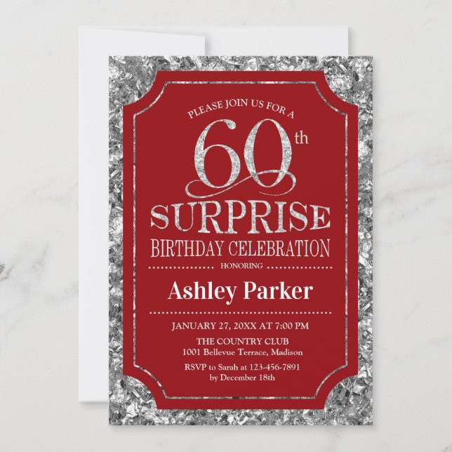 Invitación Surprise 60th Birthday Party - Silver Red (Anverso)