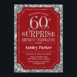 Invitación Surprise 60th Birthday Party - Silver Red<br><div class="desc">Invitación a la celebración de cumpleaños número 60. Elegante diseño elegante en tonos rojos oscuros y purpurinas falsos de plata. Presenta una fuente de script elegante. Mándame un mensaje si necesitas más personalización.</div>
