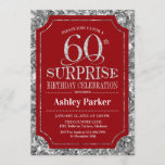 Invitación Surprise 60th Birthday Party - Silver Red<br><div class="desc">Invitación a la celebración de cumpleaños número 60. Elegante diseño elegante en tonos rojos oscuros y purpurinas falsos de plata. Presenta una fuente de script elegante. Mándame un mensaje si necesitas más personalización.</div>