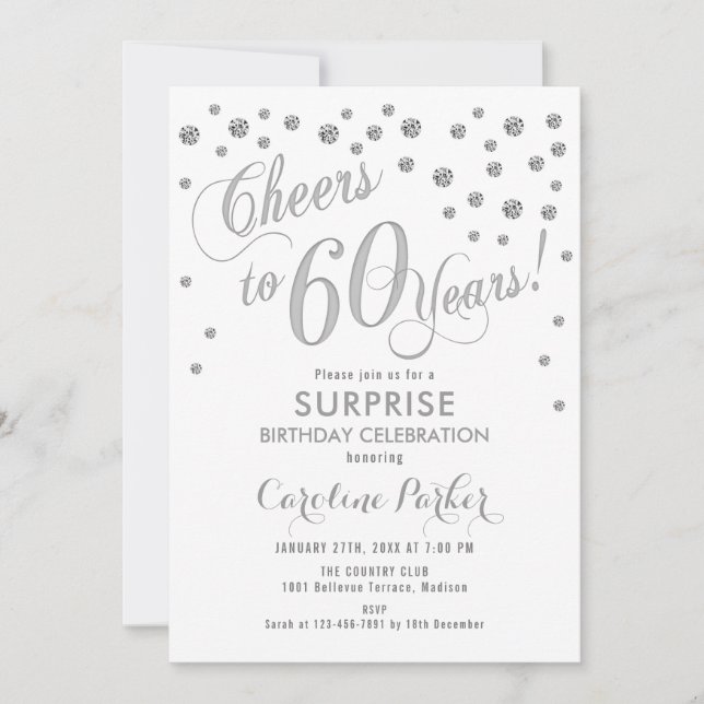 Invitación Surprise 60th Birthday Party - Silver White (Anverso)