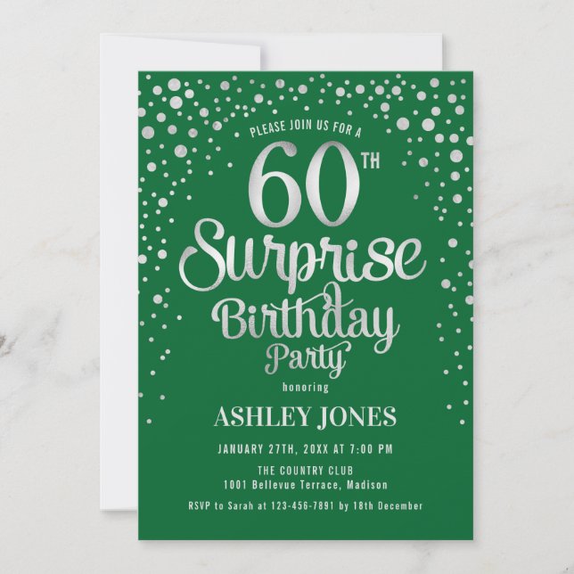 Invitación Surprise 60th Birthday Party - Silver y Green (Anverso)