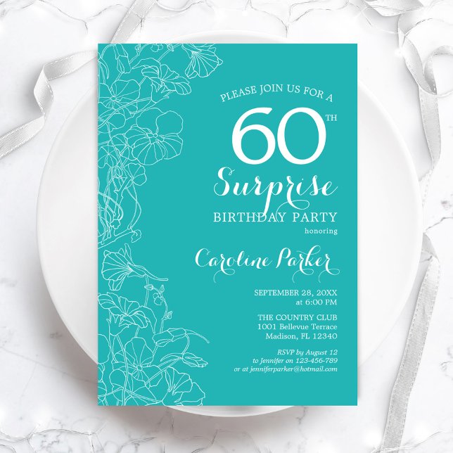 Invitación Surprise 60th Birthday Party - Turquoise Floral (Subido por el creador)