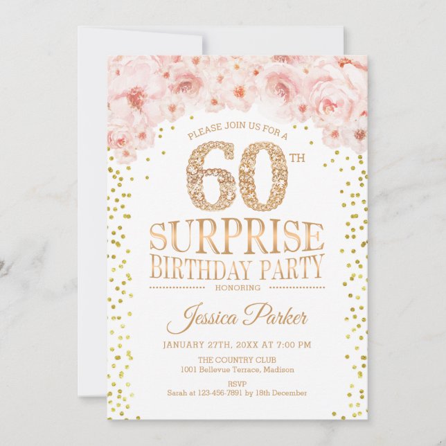 Invitación Surprise 60th Birthday Party - White Gold Pink (Anverso)