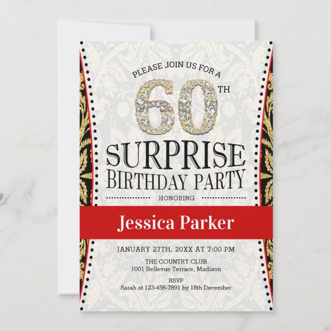 Invitación Surprise 60th Birthday Party - White Gold Red (Anverso)