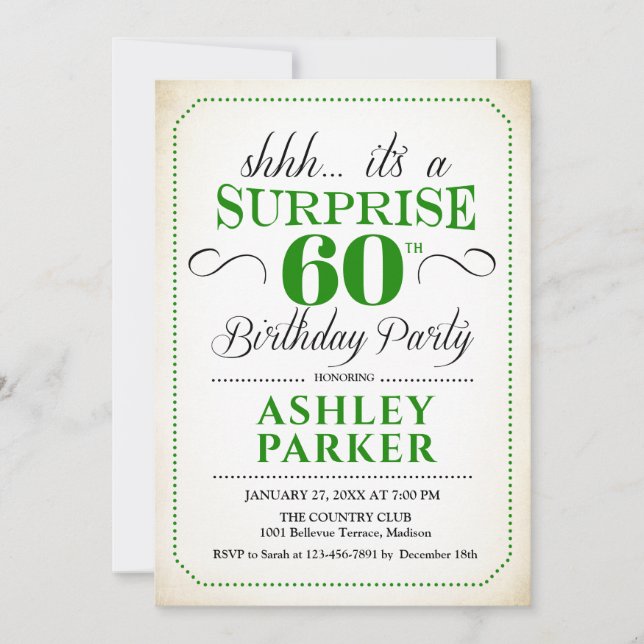 Invitación Surprise 60th Birthday Party - White Green (Anverso)