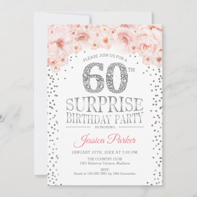 Invitación Surprise 60th Birthday Party - White Silver Pink (Anverso)