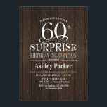 Invitación Surprise 60th Birthday Party - Wood<br><div class="desc">Invitación a la celebración de cumpleaños número 60 de una sorpresa rústica. Elegante diseño de estilo elegante,  con motivos de madera marrón oscura. Presenta un elegante tipo de letra en blanco. Mándame un mensaje si necesitas más personalización.</div>