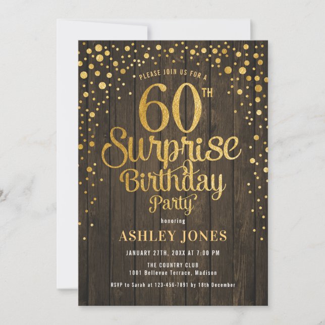 Invitación Surprise 60th Birthday Party - Wood & Gold (Anverso)