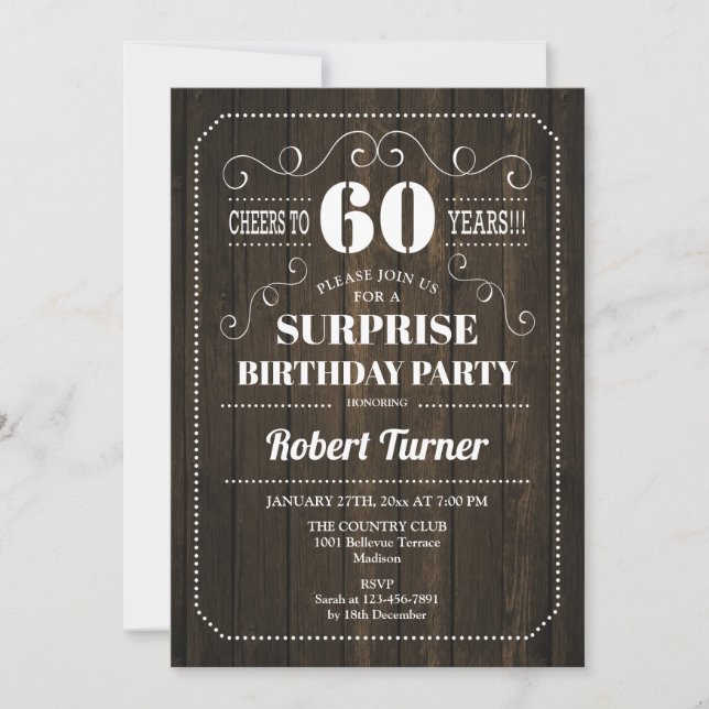 Invitación Surprise 60th Birthday - Patrón de madera (Anverso)