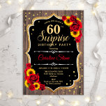 Invitación Surprise 60th Birthday - Sombras de Madera Rústica<br><div class="desc">Sorpresa Invitación a los 60 Años. Diseño femenino rústico, blanco, rojo y negro con el oro falso purpurina. Presenta un patrón de madera, rosas rojas, girasoles, fuente de escritura y confeti. Perfecto para una elegante fiesta de cumpleaños. Se puede personalizar para mostrar cualquier edad. Mándame un mensaje si necesitas más...</div>