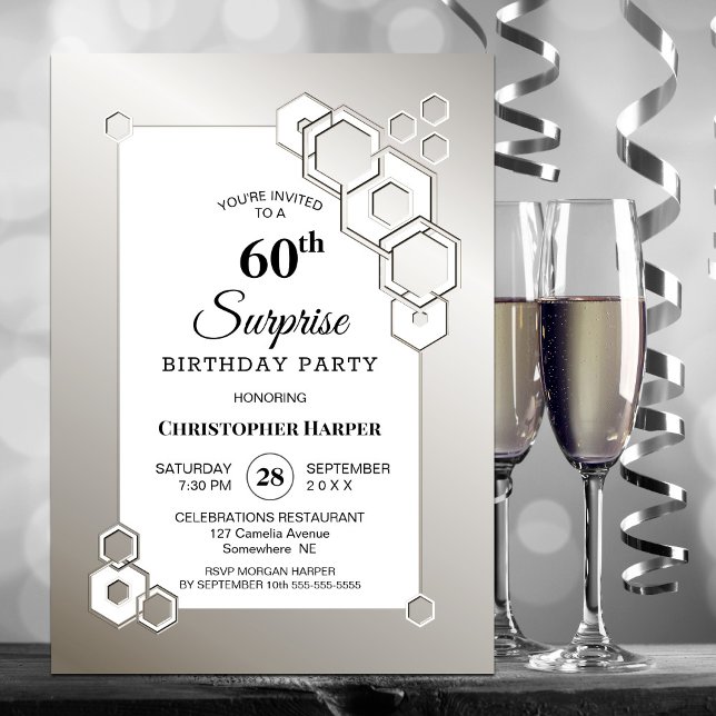 Invitación Surprise 60th Silver Geometric Birthday Party (Subido por el creador)