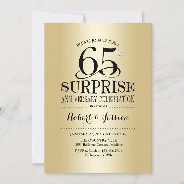 Invitación Surprise 65th Aniversario Boda - Oro (Anverso)