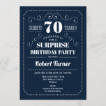 Invitación Surprise 70th Birthday - Azul marino<br><div class="desc">Sorpresa Invitación a los 70 Años. Elegante diseño azul marino y blanco retro. ¡Salud a 70 años! Se puede personalizar para mostrar cualquier edad.</div>