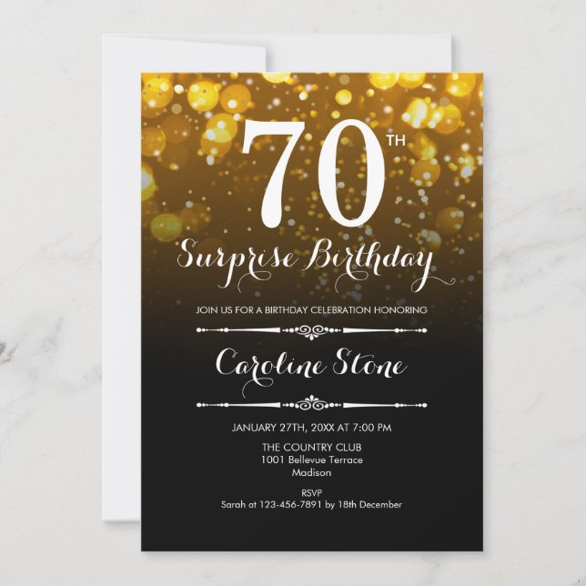 Invitación Surprise 70th Birthday - Black Gold White (Anverso)
