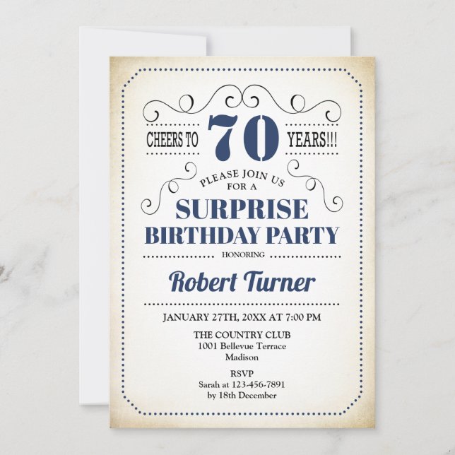 Invitación Surprise 70th Birthday - Blanco Azul de la Marina (Anverso)