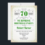 Invitación Surprise 70th Birthday - Blanco Verde Negro<br><div class="desc">Sorpresa 70 cumpleaños invitación para hombres y mujeres. Elegante carta de invitación en blanco verde y cremoso. Caracteriza el tipo de letra del guión de tipografía retro. ¡Salud a 70 años! Se puede personalizar a cualquier edad. Perfecto para una celebración de cumpleaños adultos.</div>