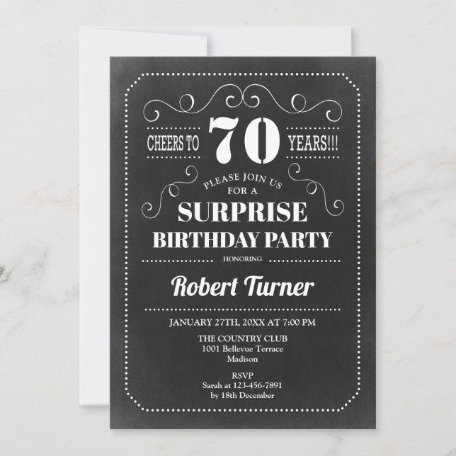 Invitación Surprise 70th Birthday - Chalkboard (Anverso)