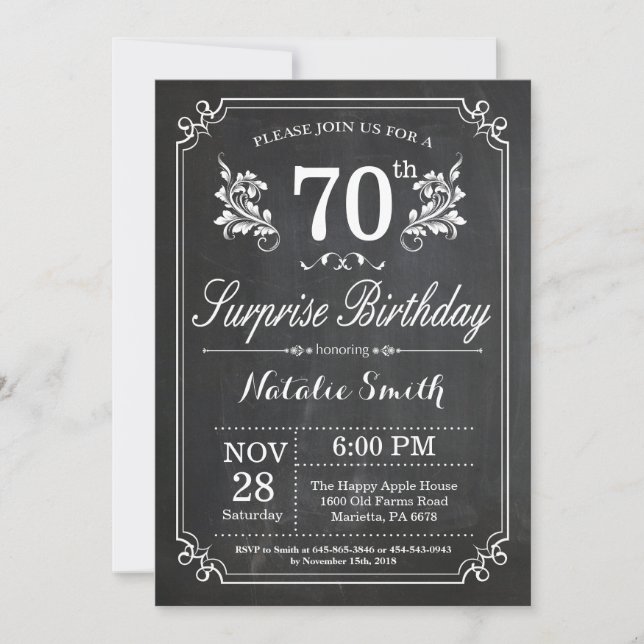 Invitación Surprise 70th Birthday Invitation Chalkboard (Anverso)