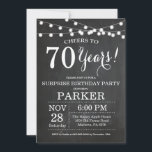 Invitación Surprise 70th Birthday Invitation Chalkboard<br><div class="desc">Surprise 70th Birthday Invitation Chalkboard Fondo con String Lights. Blanco y negro. 13.º 15.º 16.º 18.º 20.21.30.40.50.60.70.80.90.100,  cualquier edad. Cumpleaños de adultos. Fiesta de cumpleaños de hombre o mujer. Para una mayor personalización,  haga clic en el botón "Personalizar" y utilice nuestra herramienta de diseño para modificar esta plantilla.</div>