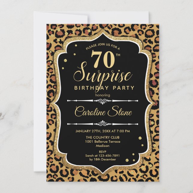 Invitación Surprise 70th Birthday - Leopard Black Gold (Anverso)