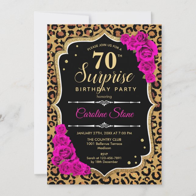 Invitación Surprise 70th Birthday - Leopard Black Gold Pink (Anverso)
