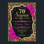Invitación Surprise 70th Birthday - Leopard Black Gold Pink<br><div class="desc">Sorpresa Invitación a los 70 Años. Diseño negro femenino, rosa caliente y oro falso purpurina. Presenta un patrón de cheetah de leopardo animal, rosas de fuchsia, tipo de letra de guión y confeti. Perfecto para una elegante fiesta de cumpleaños. Se puede personalizar para mostrar cualquier edad. Mándame un mensaje si...</div>