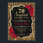Invitación Surprise 70th Birthday - Leopard Black Gold Red<br><div class="desc">Sorpresa Invitación a los 70 Años. Diseño rojo y negro femenino con oro falso purpurina. Presenta un patrón de cheetah de leopardo animal, rosas rojas, tipografía de guión y confeti. Perfecto para una elegante fiesta de cumpleaños. Se puede personalizar para mostrar cualquier edad. Mándame un mensaje si necesitas más personalización....</div>