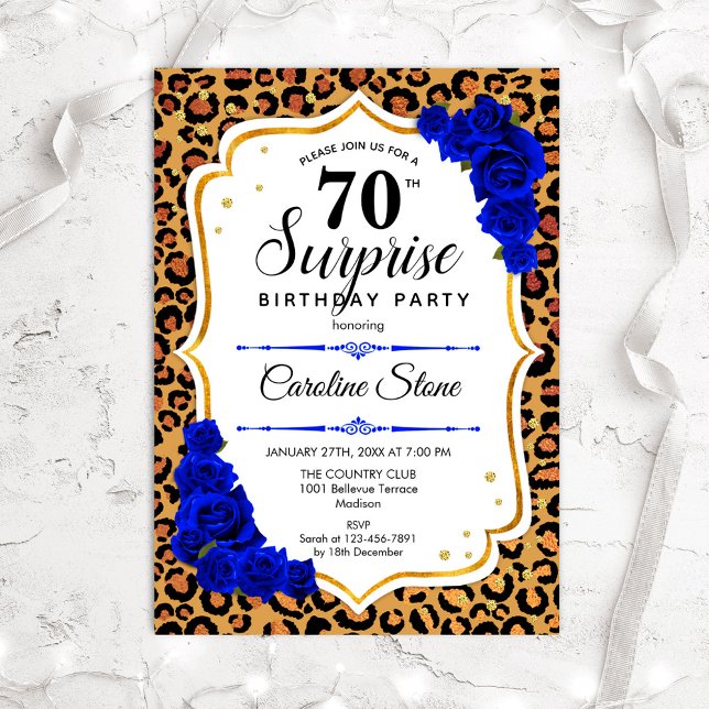 Invitación Surprise 70th Birthday - Leopard Gold Royal Blue (Subido por el creador)