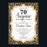 Invitación Surprise 70th Birthday - Leopard Gold White<br><div class="desc">Sorpresa Invitación a los 70 Años. Diseño femenino con falso oro purpurina. Presenta papel de cheetah de leopardo animal,  letra de guión y confeti. Perfecto para una elegante fiesta de cumpleaños. Se puede personalizar para mostrar cualquier edad. Mándame un mensaje si necesitas más personalización.</div>