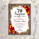 Invitación Surprise 70th Birthday - Madera Rústica Sunflowers<br><div class="desc">Sorpresa Invitación a los 70 Años. Diseño femenino rústico, blanco, rojo y negro con el oro falso purpurina. Presenta un patrón de madera, rosas rojas, girasoles, fuente de escritura y confeti. Perfecto para una elegante fiesta de cumpleaños. Se puede personalizar para mostrar cualquier edad. Mándame un mensaje si necesitas más...</div>