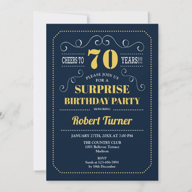 Invitación Surprise 70th Birthday - Oro de Marina (Anverso)
