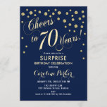 Invitación Surprise 70th Birthday Party<br><div class="desc">Sorpresa 70th Birthday Party Invitation Elegante diseño con falso oro purpurina y azul marino. Presenta el tipo de letra del guión y el perfil. ¡Saludos a 70 años! Mándame un mensaje si necesitas una edad personalizado.</div>