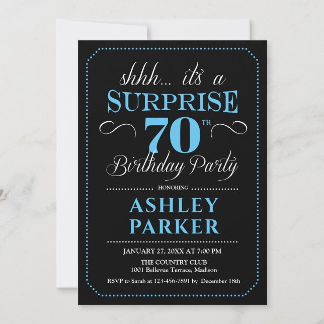 Invitación Surprise 70th Birthday Party - Black Blue (Anverso)
