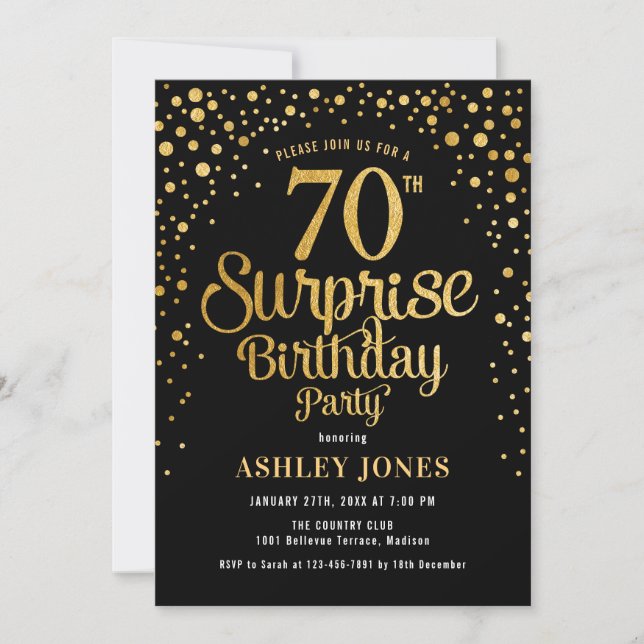 Invitación Surprise 70th Birthday Party - Black & Gold (Anverso)