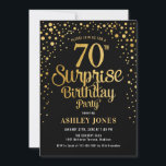 Invitación Surprise 70th Birthday Party - Black & Gold<br><div class="desc">Sorpresa 70.ª Invitación a la fiesta de cumpleaños. Elegante diseño de oro negro y falso purpurina. Presenta un diseño elegante de tipo de letra y letra de guión. Mándame un mensaje si necesitas edad personalizado.</div>