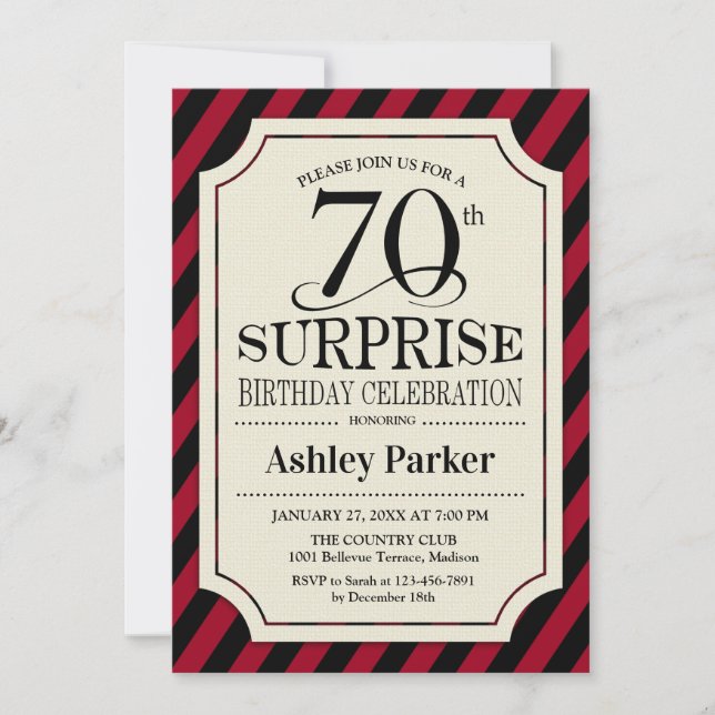 Invitación Surprise 70th Birthday Party - Black Red Stripes (Anverso)
