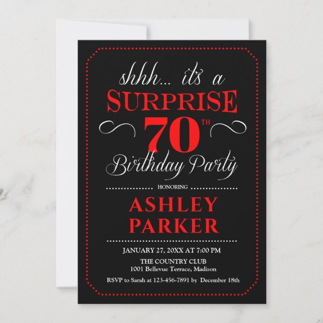 Invitación Surprise 70th Birthday Party - Blanco Rojo Negro (Anverso)