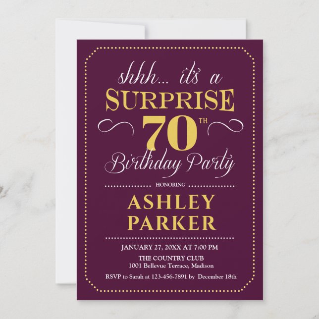 Invitación Surprise 70th Birthday Party - Burgundy Gold (Anverso)