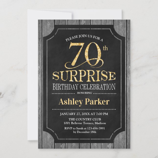 Invitación Surprise 70th Birthday Party - Chalkboard Gold (Anverso)
